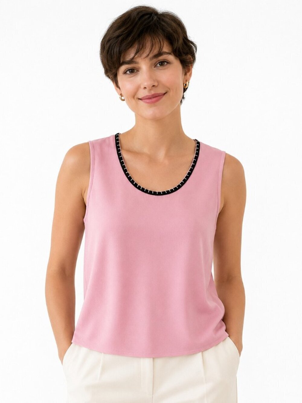 Ming Wang Pink Crochet Black Trim Sleeveless Knit Top